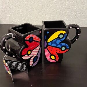 Romero Britto set of two mugs Black and Multicolor butterflies Mugs